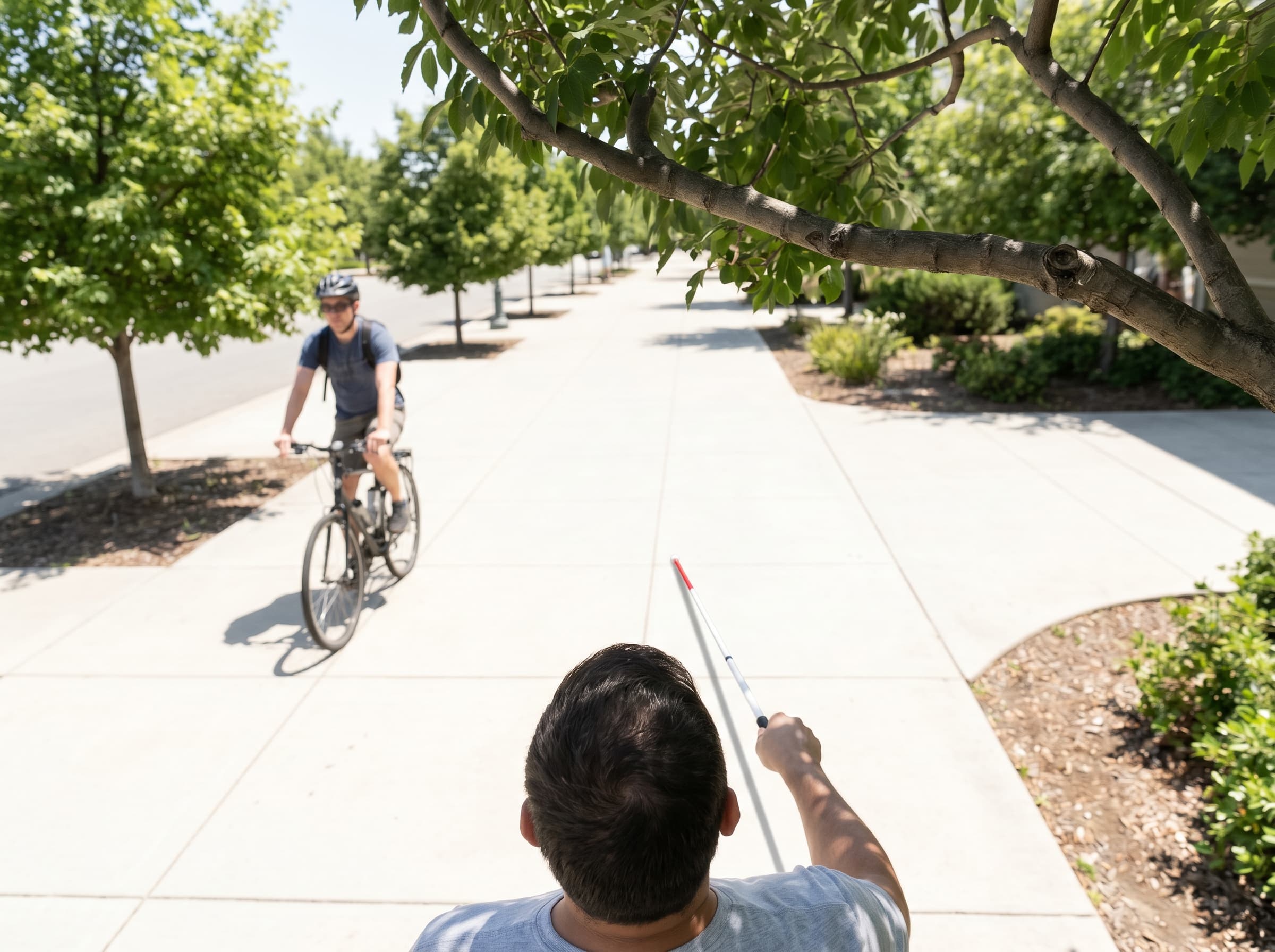 Person with white cane — overhead branch and rear cyclist not detected