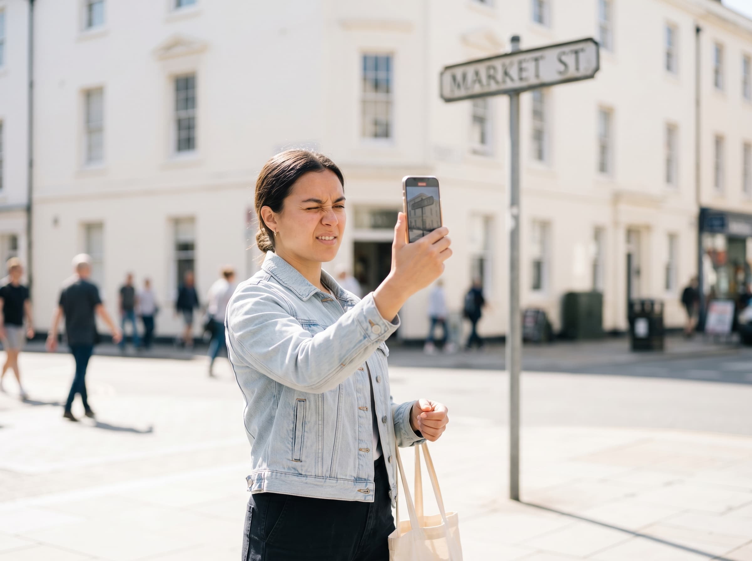 Person holding phone up to read a street sign — hands occupied