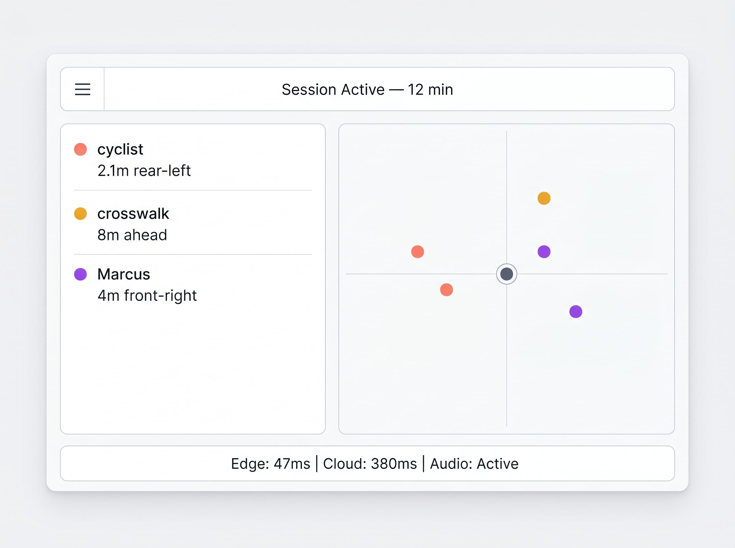 Vajview companion app showing live detection session with spatial map and event log